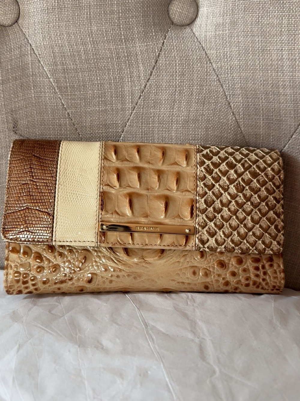 Brahmin Beige and Tan Patchwork Textured Clutch Wallet